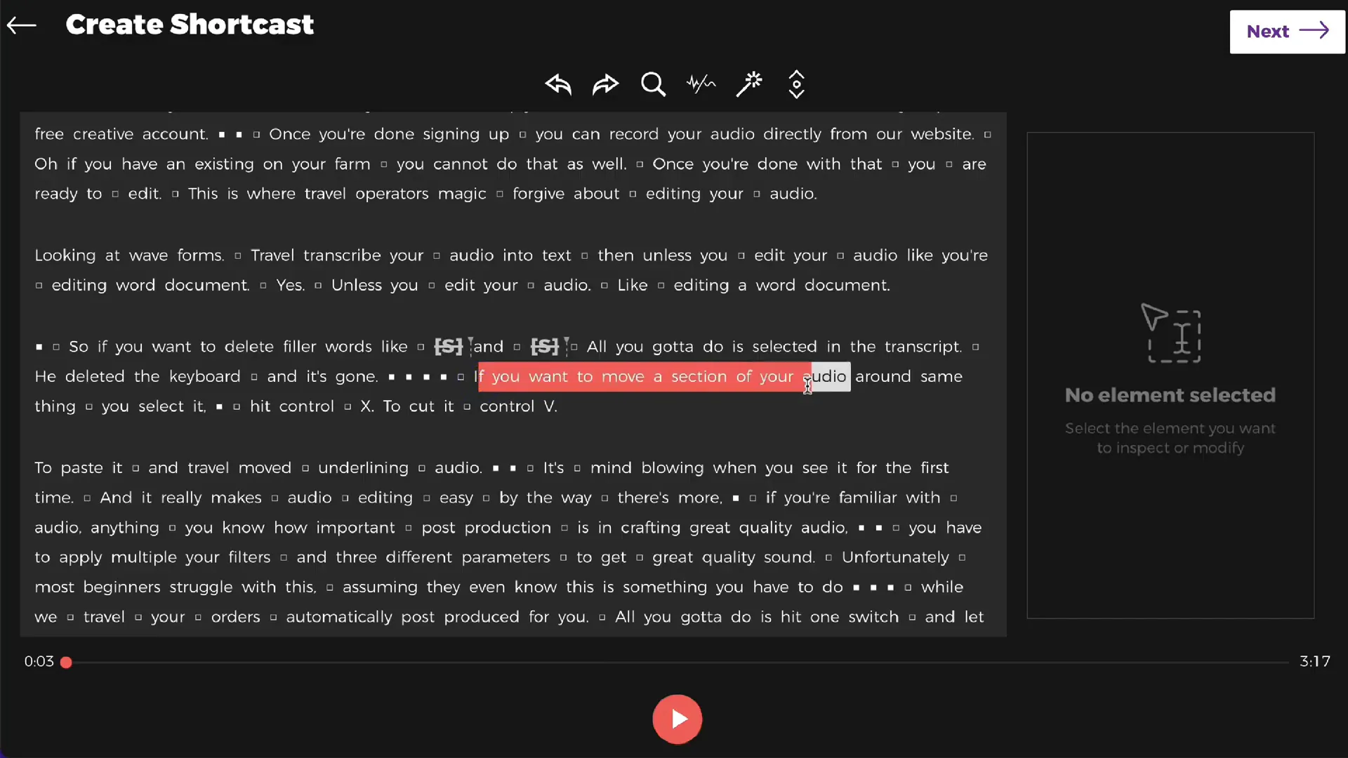 Edición de audio en Trebel usando la transcripción de texto