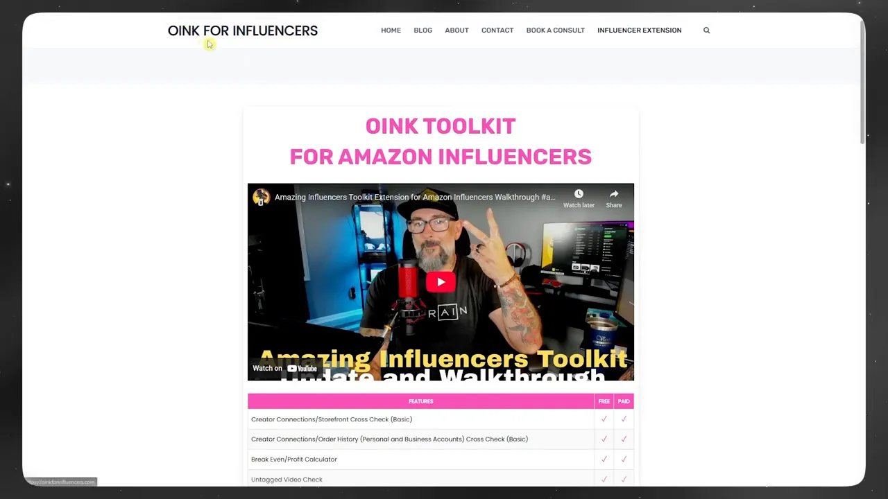 Clear view of the Oink for Influencers signup page showing 'Oink Toolkit for Amazon Influencers' header, video thumbnail, and plan features.