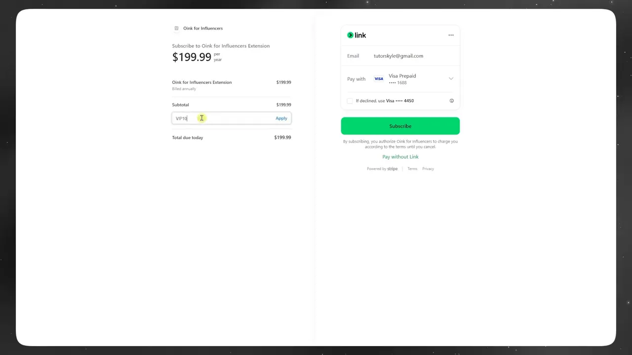 Typing VIP10 into the promo code field with Apply button visible on the Oink checkout