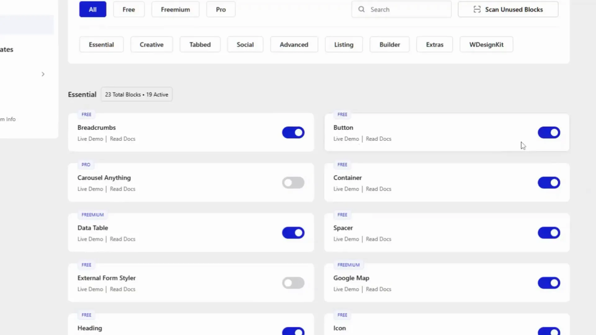 Nexter Blocks list with toggles and pro/free labels