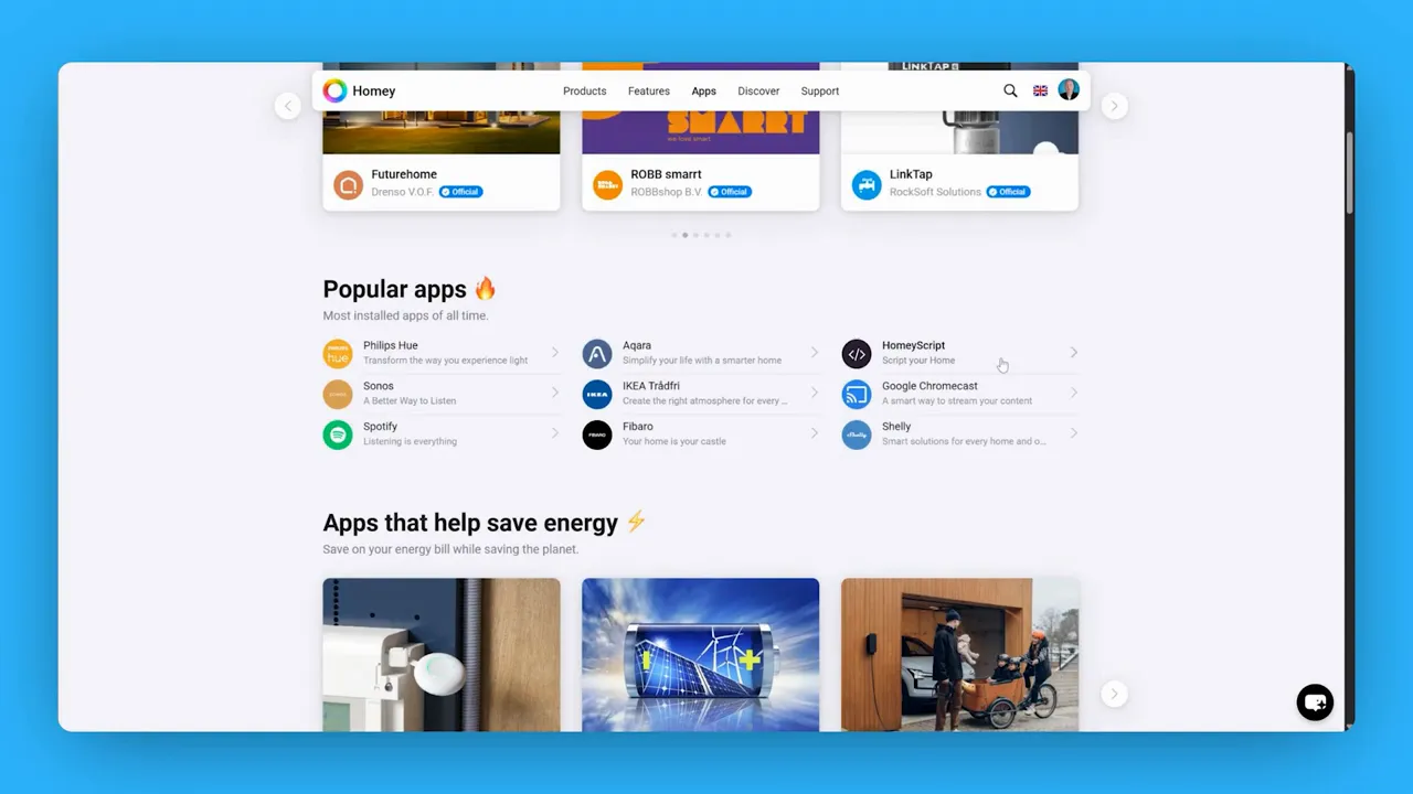 Homey apps and popular integrations list including Philips Hue, Sonos and IKEA