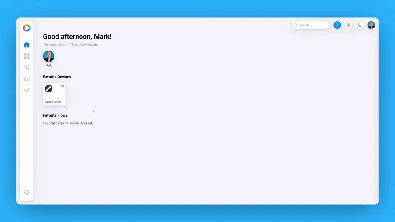 Homey web dashboard showing connected devices and flows
