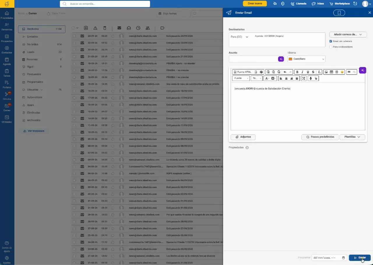 Formulario de nuevo correo de Inmovilla con destinatario, asunto y contenido de la plantilla