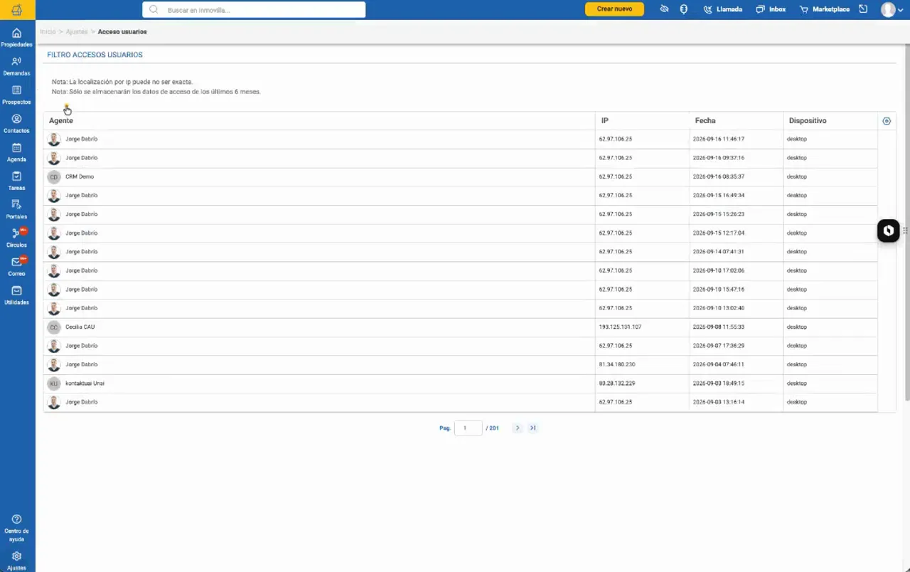 Tabla de accesos de usuarios con varias filas y columnas de registro