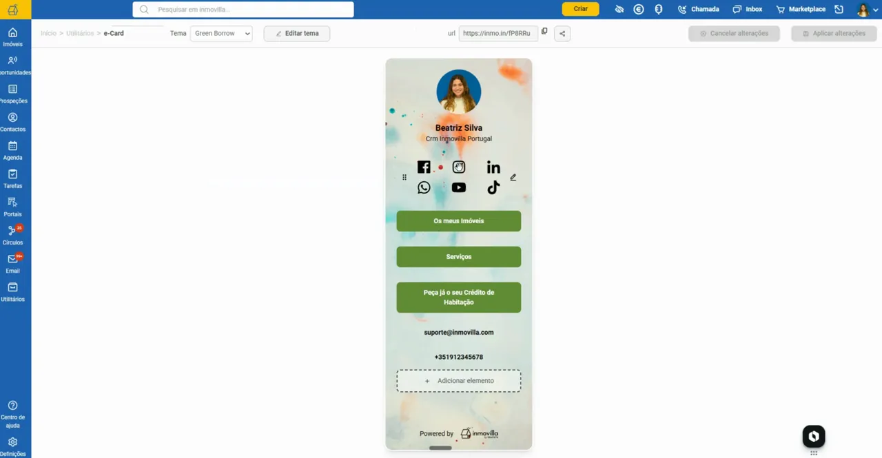 Pré-visualização de um eCard com fotografia de perfil, ícones de redes sociais e botões verdes