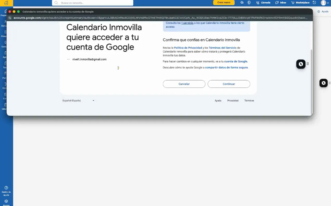 Ventana de autorización de Google para que Calendario Imovilla acceda a una cuenta