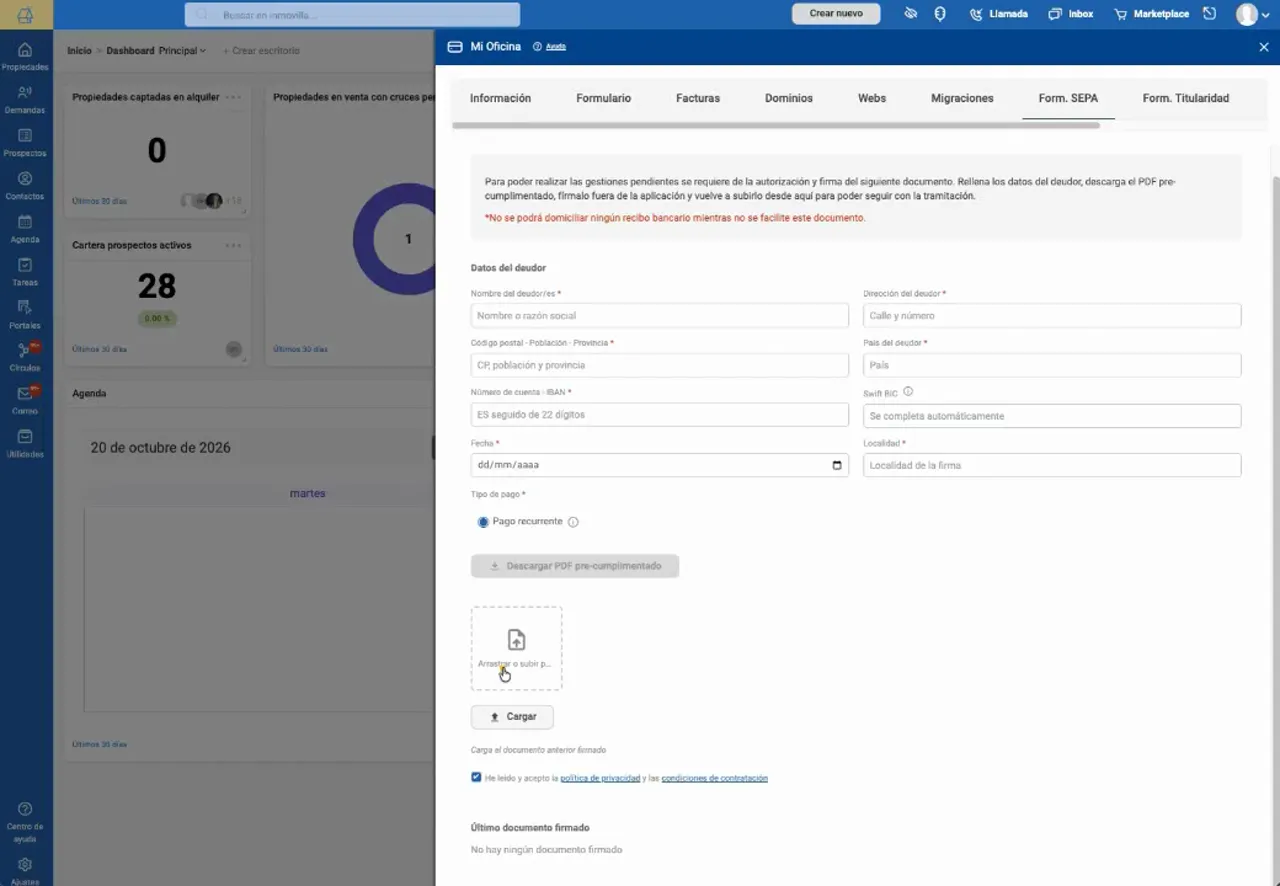 Formulario SEPA con la zona de carga del documento en la parte inferior del panel