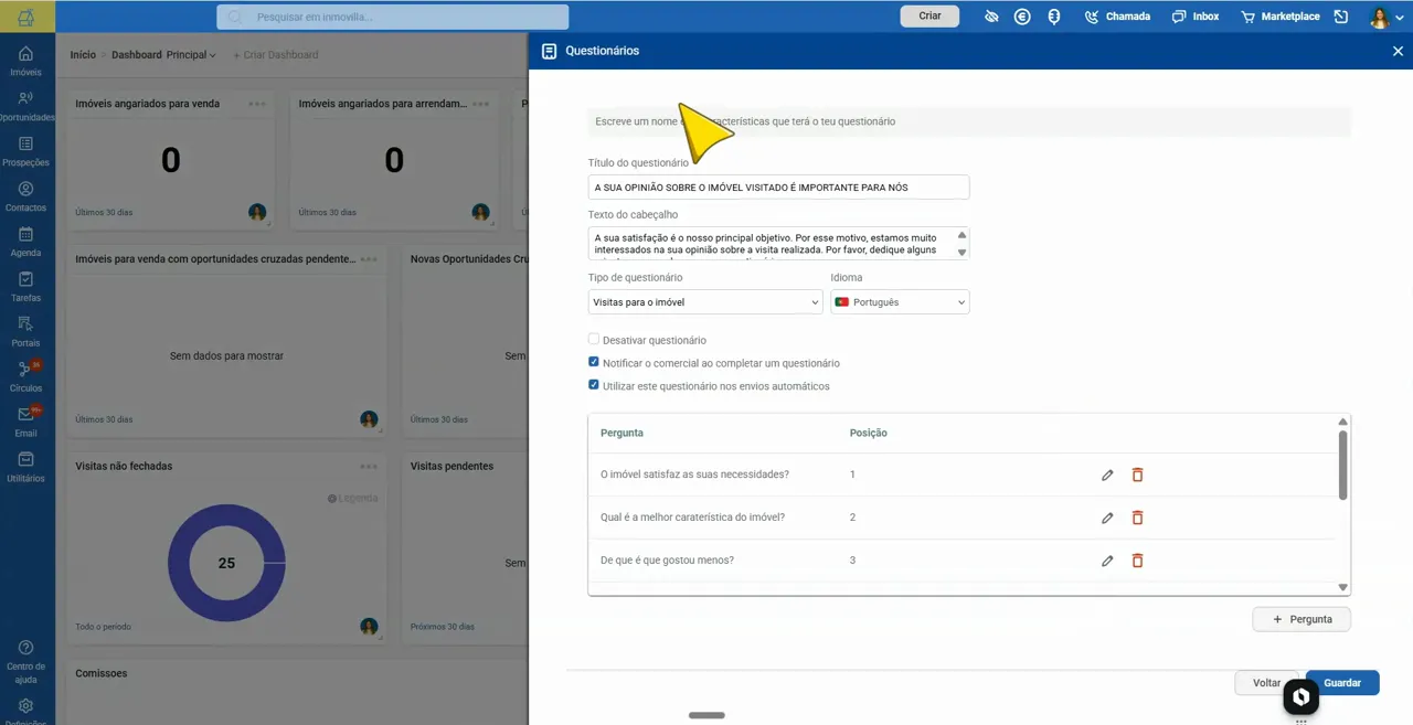Formulário de edição de questionário com campos de configuração, opções e lista de perguntas
