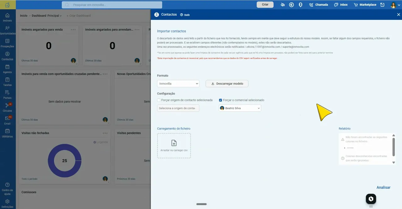 Painel de importação de contactos com campos de origem, comercial e área de carregamento