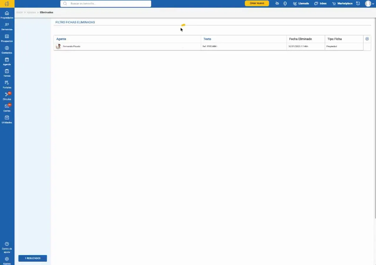 Tabla de fichas eliminadas reducida a una sola fila tras aplicar un filtro de texto