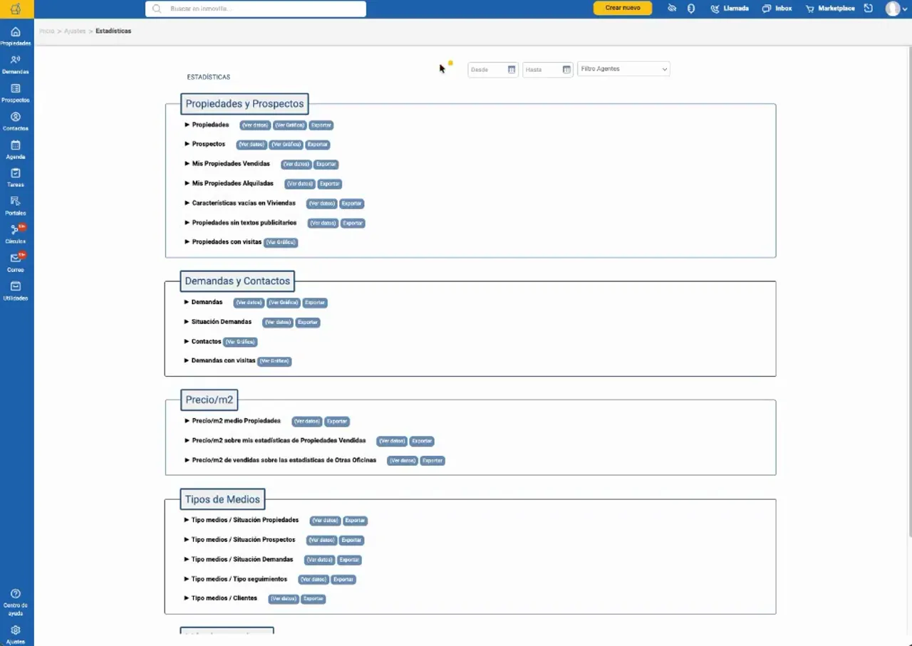 Página de estadísticas de Inmovilla con filtros superiores y bloques de informes