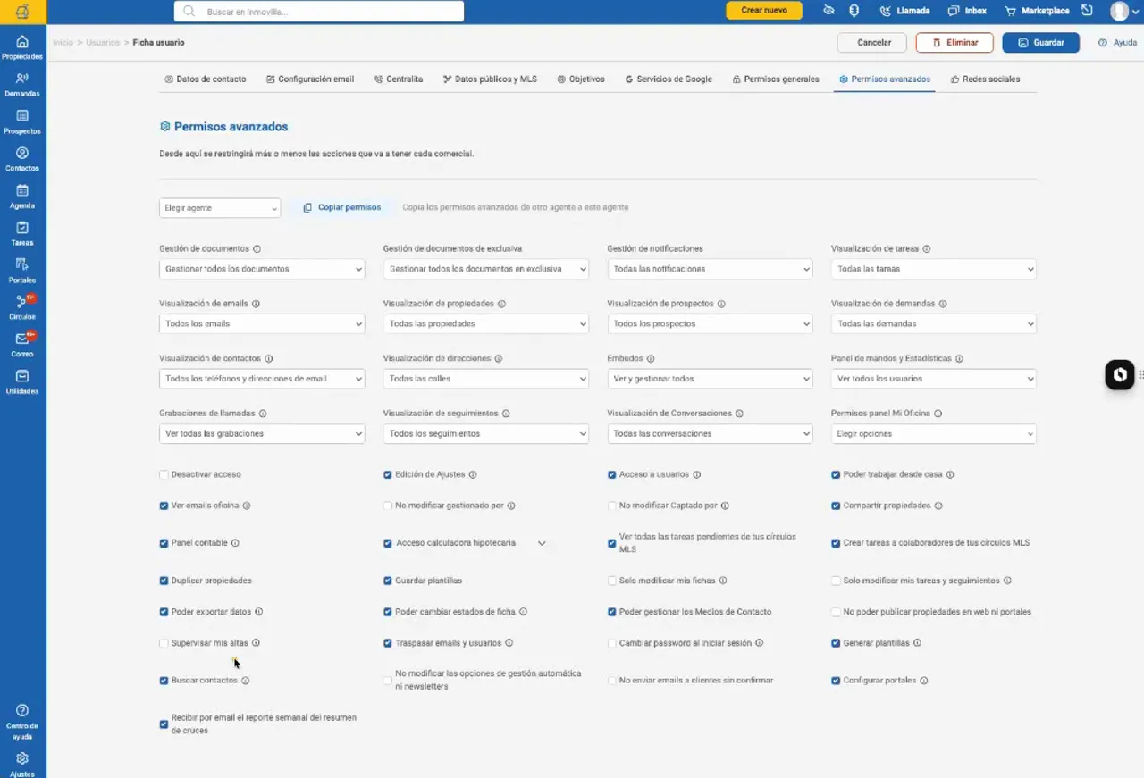 Configuración de permisos individuales en la ficha de usuario de Inmovilla
