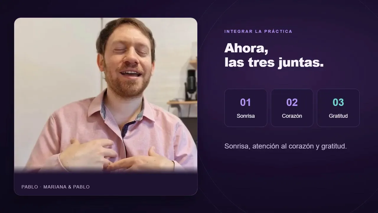 Diapositiva con los tres componentes Sonrisa, Corazón y Gratitud junto a Pablo