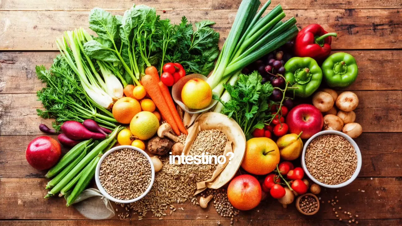 Variedad de frutas, verduras y granos sobre una mesa que representan la salud intestinal