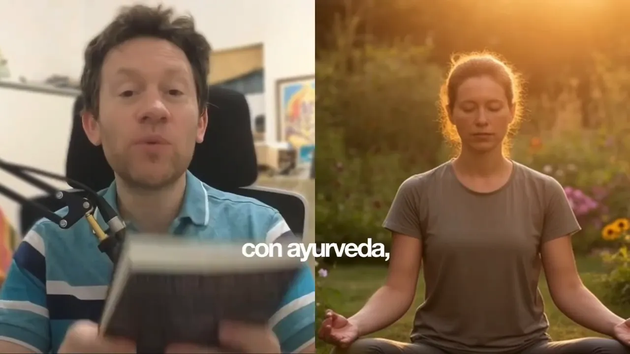 pantalla partida: presentador explicando a la izquierda y persona meditando al atardecer a la derecha