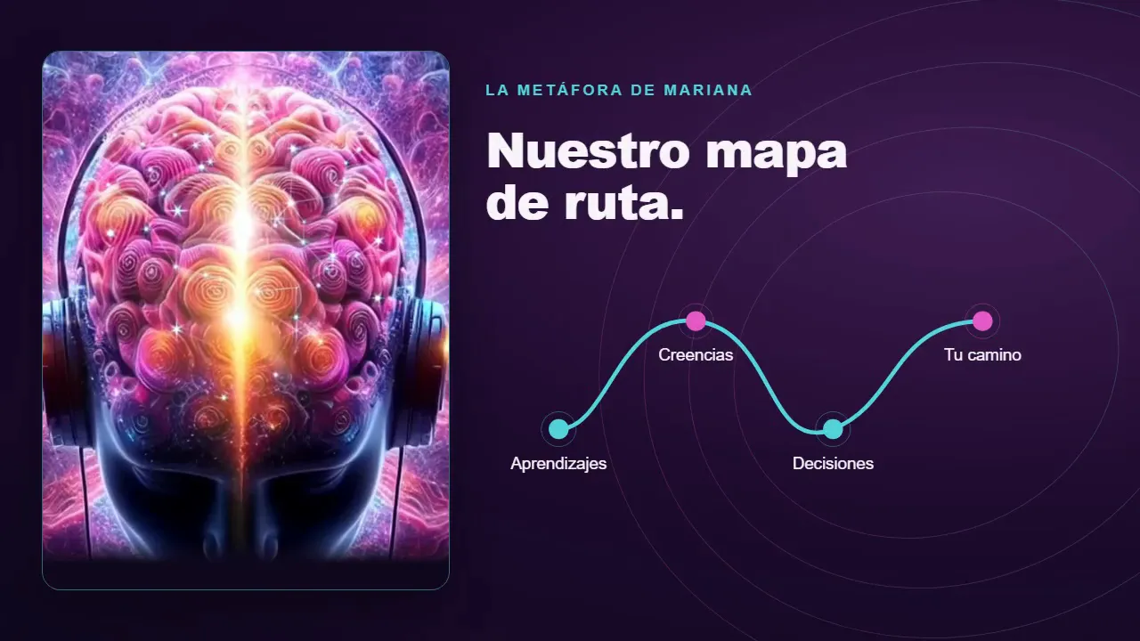 Ilustración de un cerebro junto a un recorrido con las etiquetas Aprendizajes, Creencias, Decisiones y Tu camino