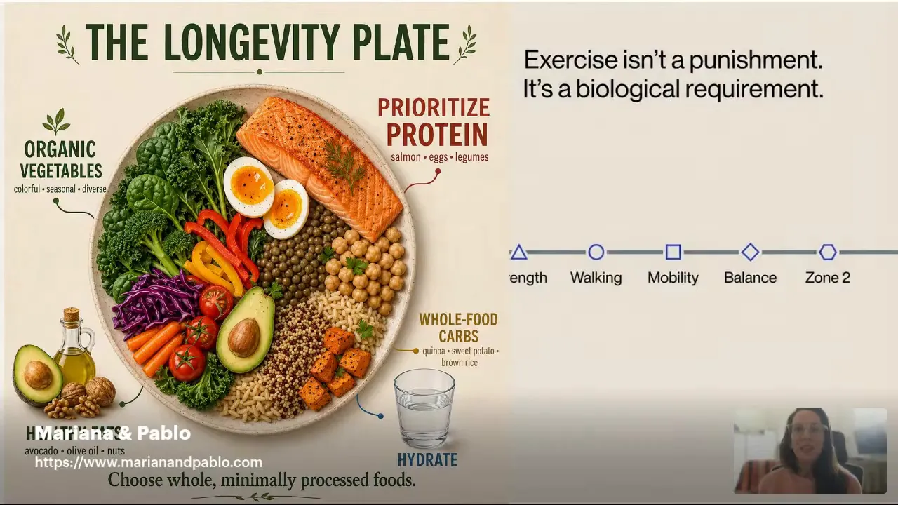 Diapositiva con un plato de alimentos, etiquetas nutricionales y una sección sobre ejercicio