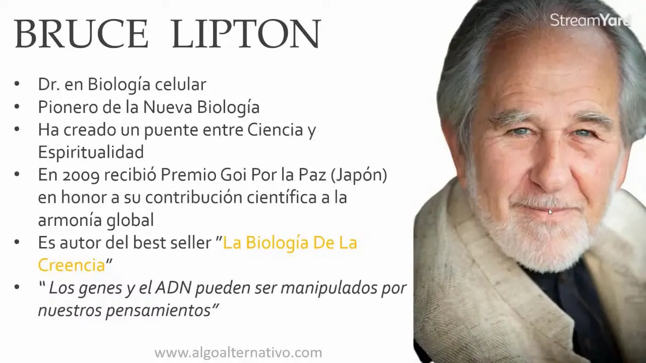 Retrato de Bruce Lipton y texto: los genes y el ADN pueden ser manipulados por nuestros pensamientos