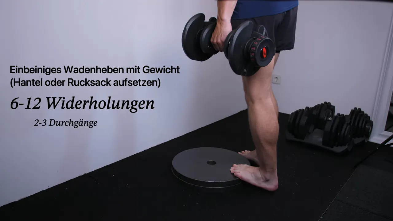 Einbeiniges Wadenheben auf einer Stufe mit Hanteln und Wiederholungsangaben