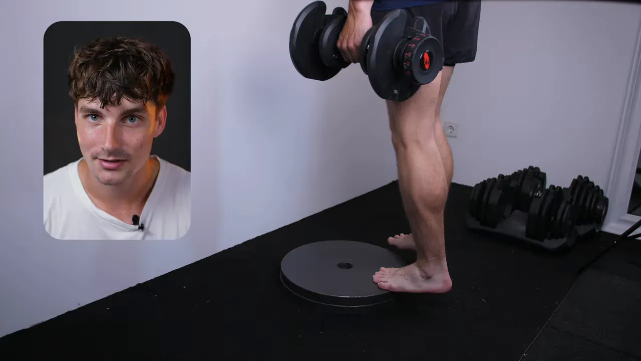 Einbeiniges Wadenheben mit zwei Kurzhanteln in einem Trainingsraum