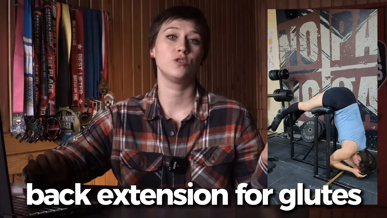 Inset photo of a back extension/reverse-hyper style movement demonstrating hip extension for glute development next to the presenter.