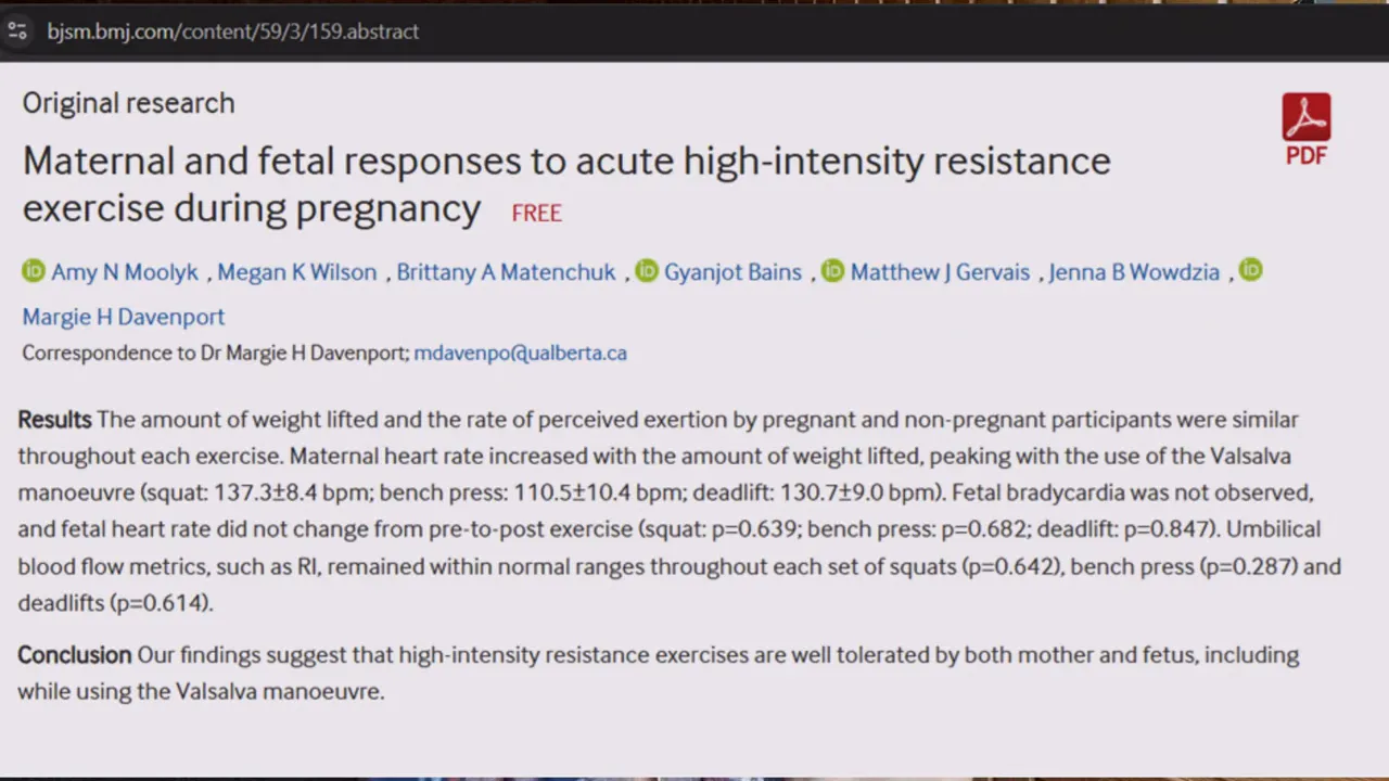 Webpage screenshot of a research article titled 'Maternal and fetal responses to acute high‑intensity resistance exercise during pregnancy' (article abstract visible).