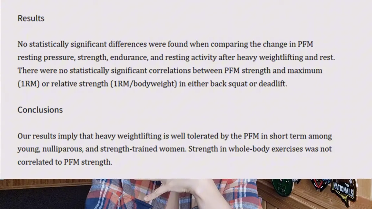 Screenshot of the Results and Conclusions from the pelvic floor study stating no statistically significant differences after heavy weightlifting.