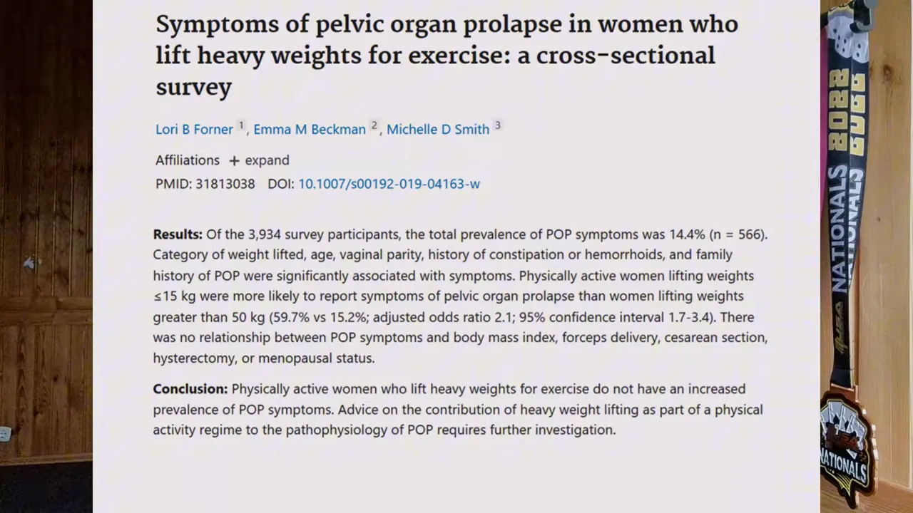 High‑clarity screenshot of a PubMed/article page titled 'Symptoms of pelvic organ prolapse in women who lift heavy weights for exercise' showing the results and conclusion.
