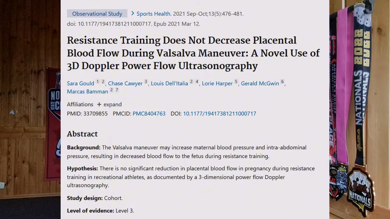 Clear screenshot of a PubMed article titled 'Resistance Training Does Not Decrease Placental Blood Flow During Valsalva Maneuver' showing the article title and abstract.