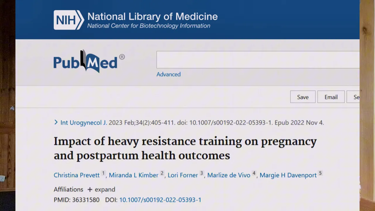 Screenshot of a PubMed article titled 'Impact of heavy resistance training on pregnancy and postpartum health outcomes' from the National Library of Medicine.