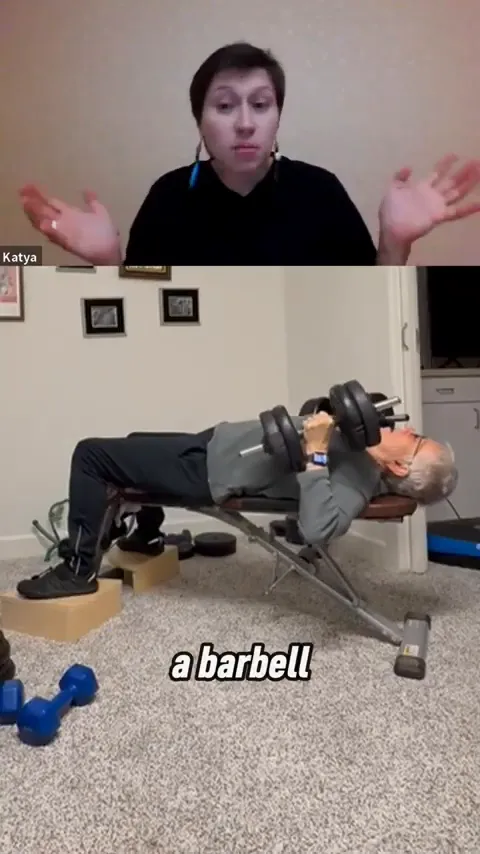 Photos of Pat's home workout equipment including bands, dumbbells, TRX, kettlebells, and a barbell