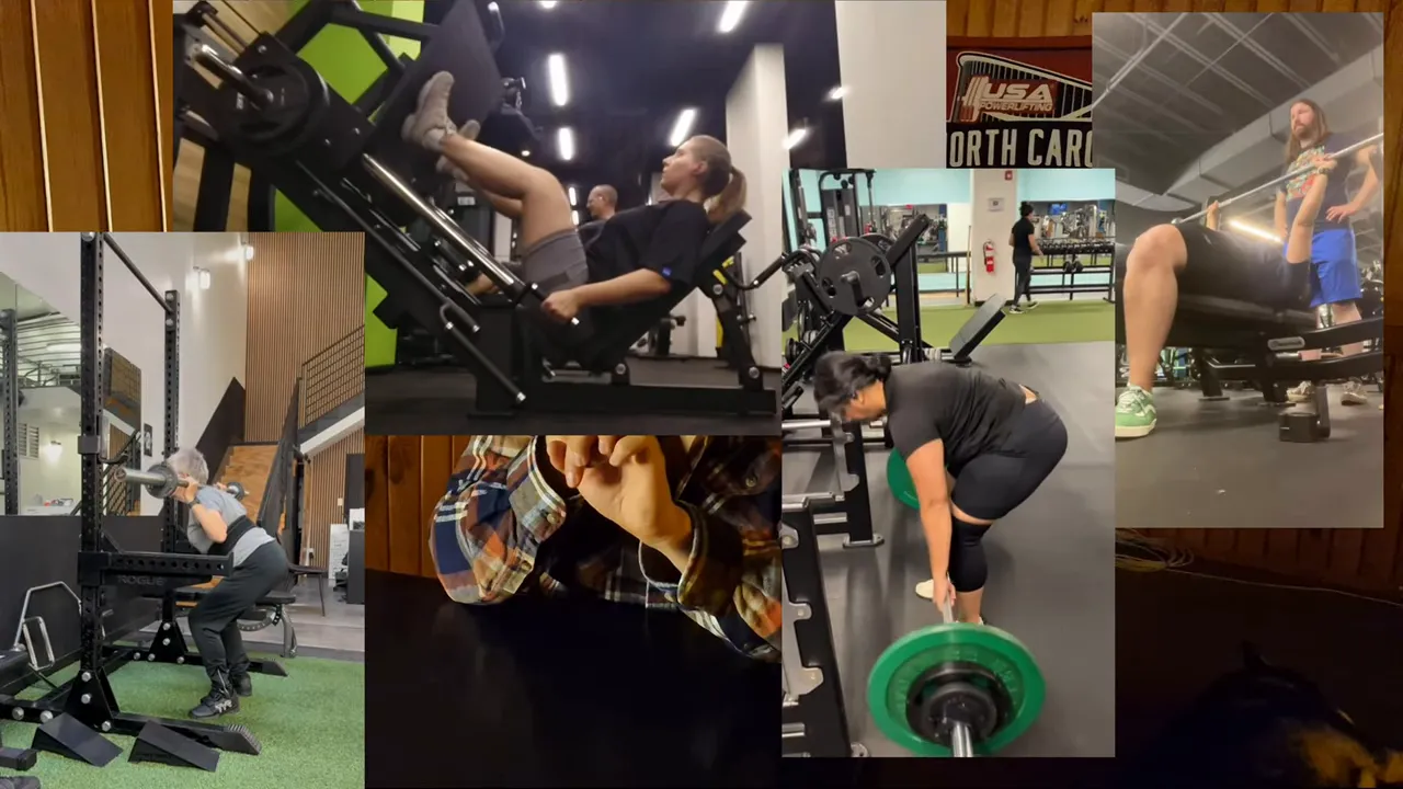 Gym montage showing leg press, deadlift and bench press with a small inset of the speaker — illustrating a gradual return to training after surgery.