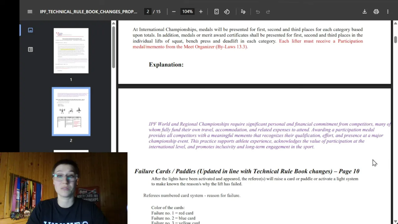 IPF technical rulebook PDF page with presenter inset, showing participation and failure card text