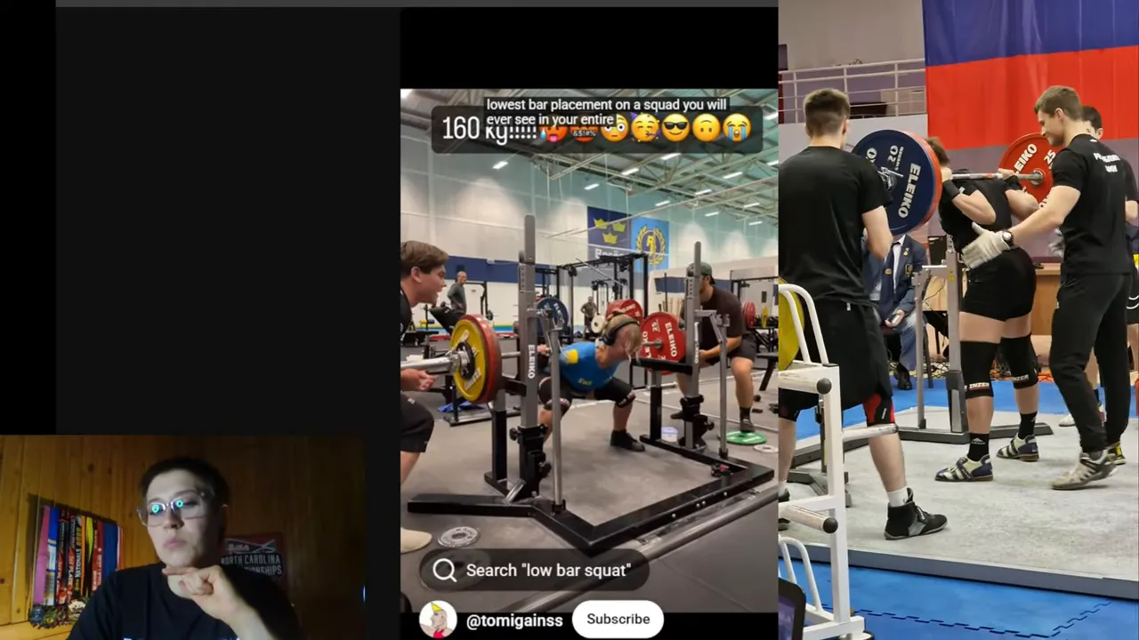 Competition squat screenshot showing lifter in a low‑bar position at the rack with spotters and the presenter inset