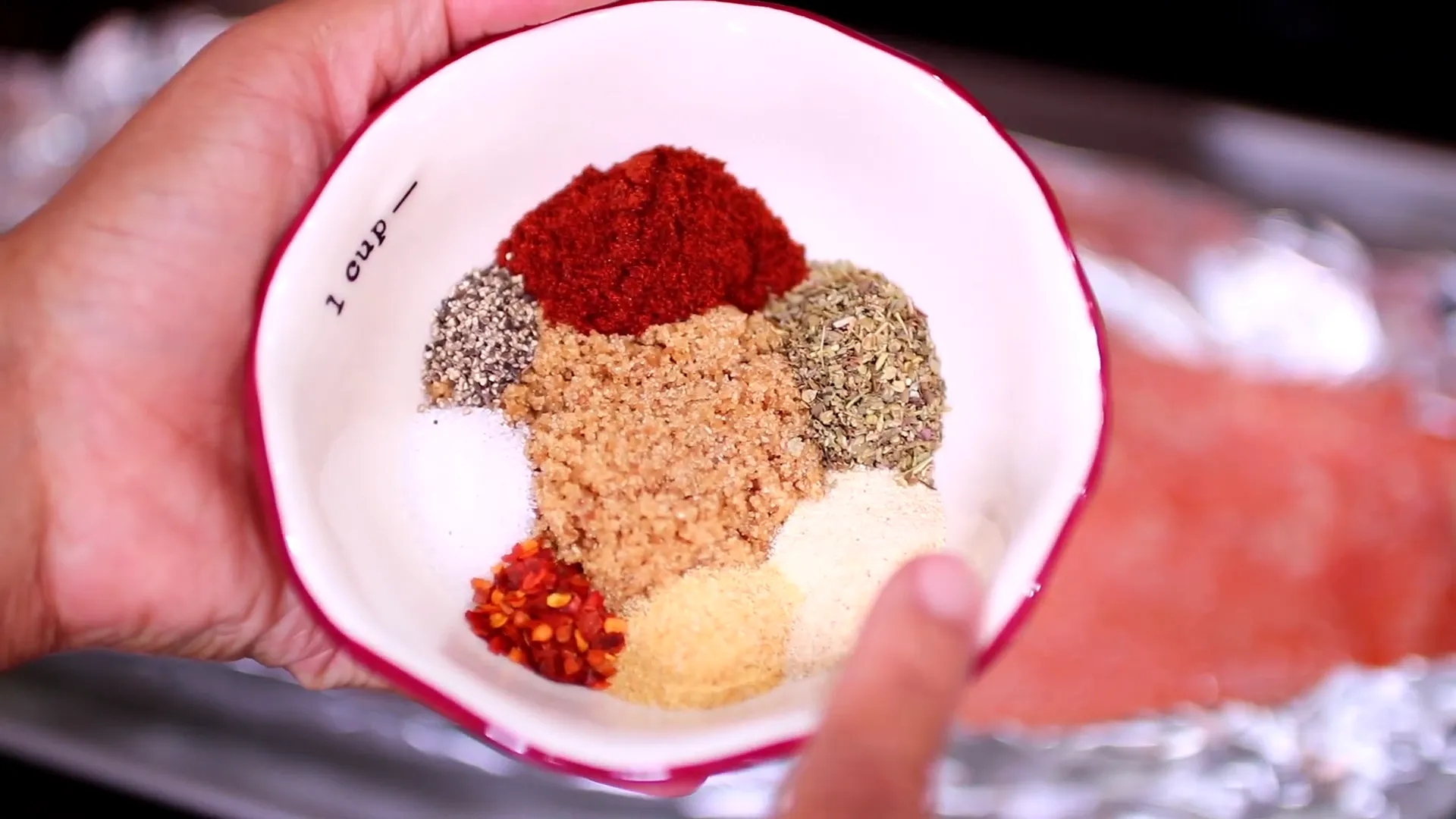Mixing spices for the salmon