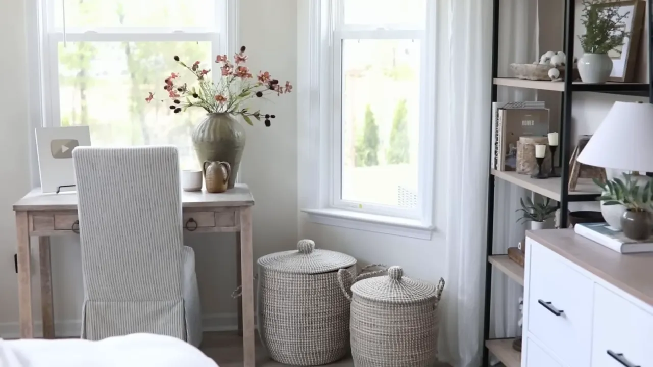 Two woven storage baskets in a bright bedroom corner