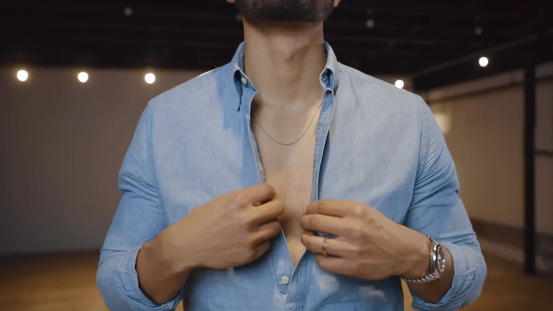 Bare Chest look with a minimal chain