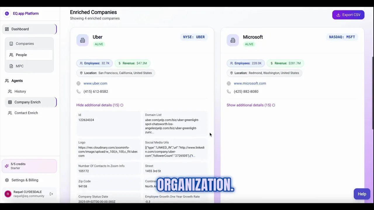 Example enriched fields: employee count, revenue, HQ, contacts, social links, growth rates