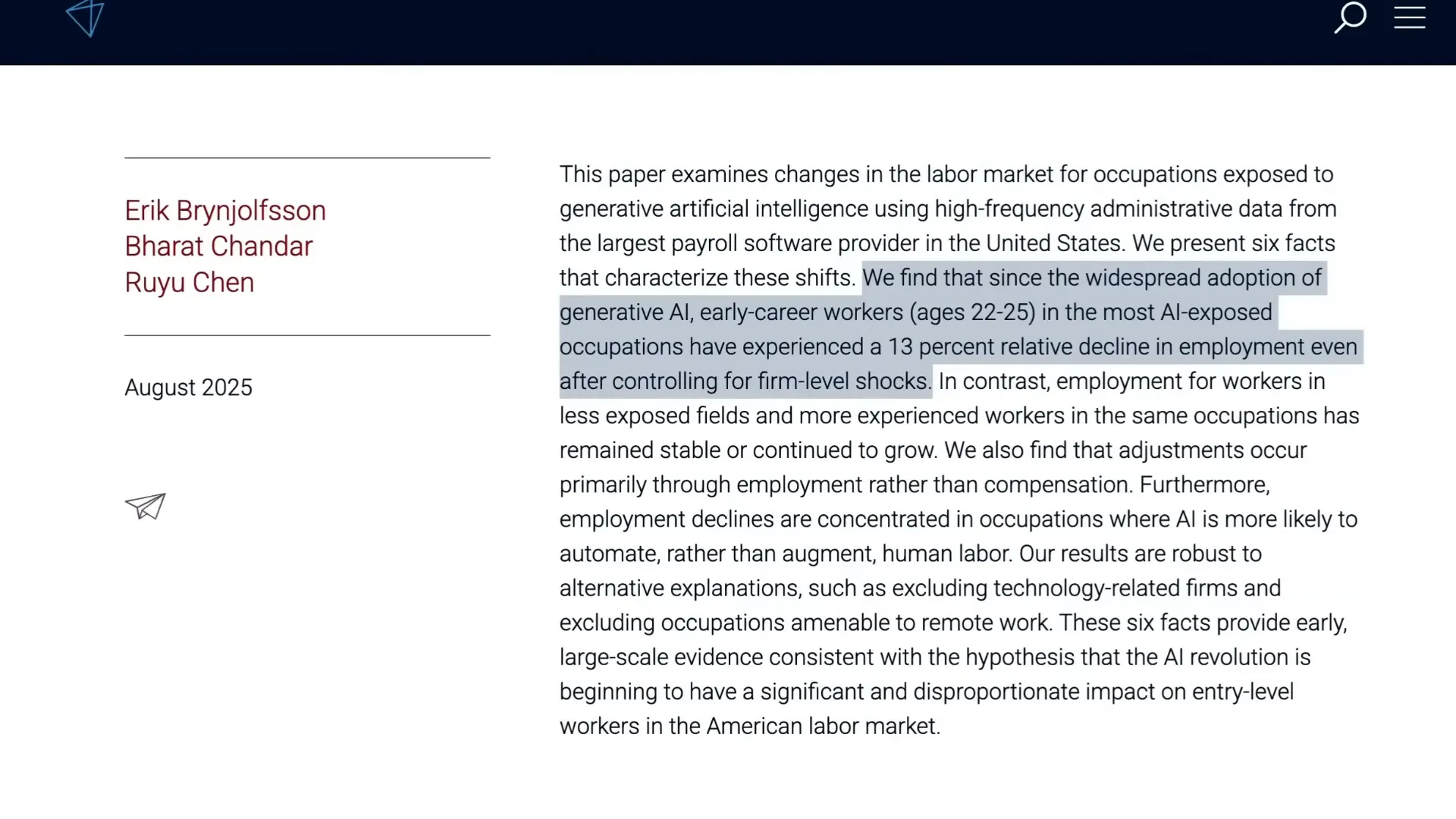 Data visualization or mention of Stanford employment study