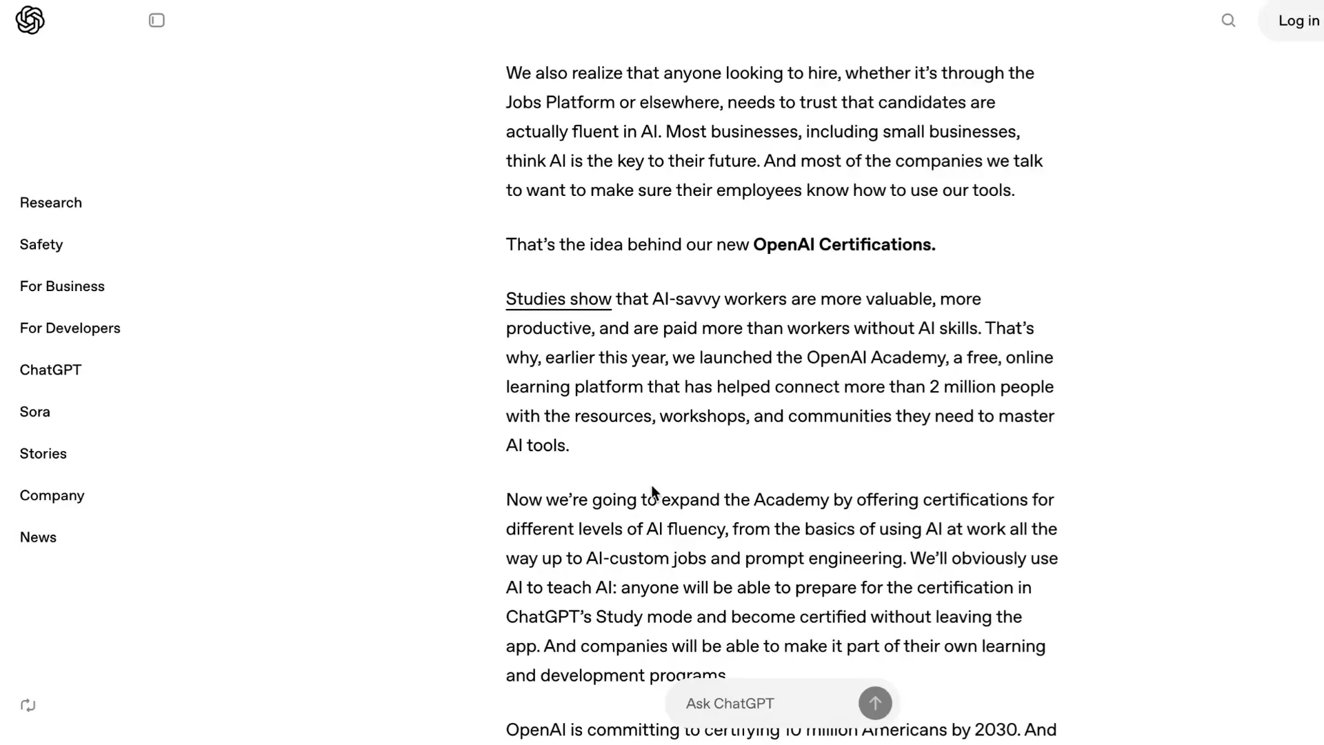 ChatGPT study mode screenshot referencing AI certifications