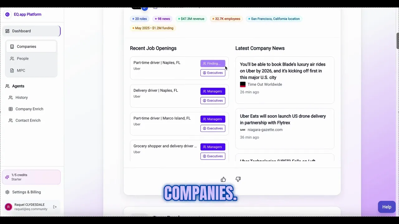Company profile view showing hiring managers, executives, and recent news