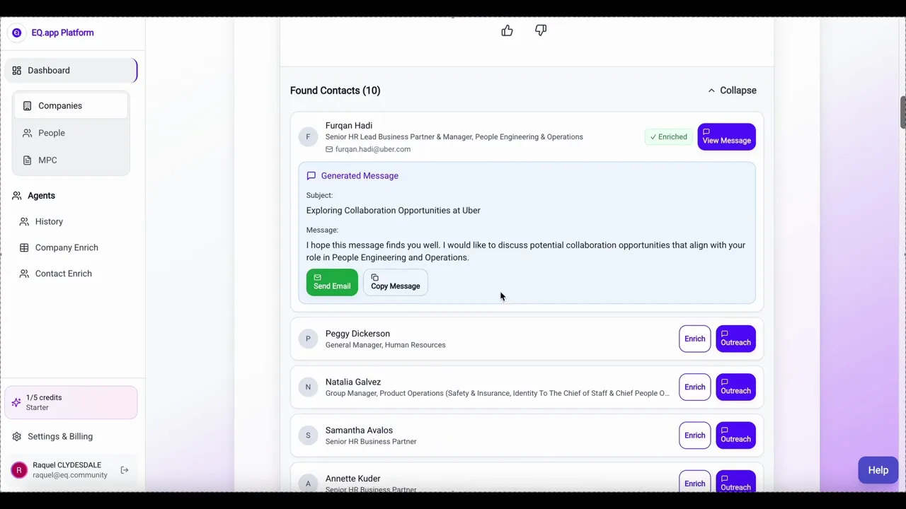 Enriched contact details and generated outreach message example