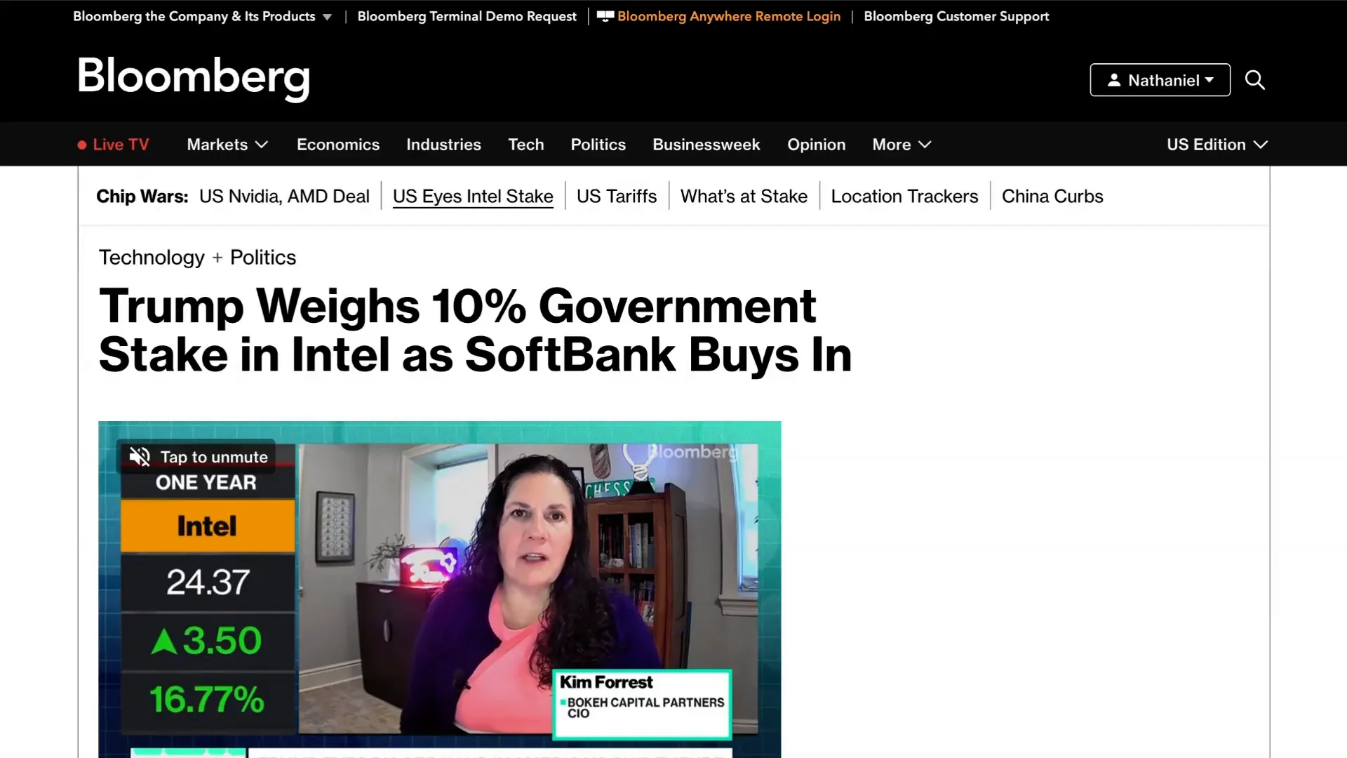 News headline about US government planning to acquire a stake in Intel