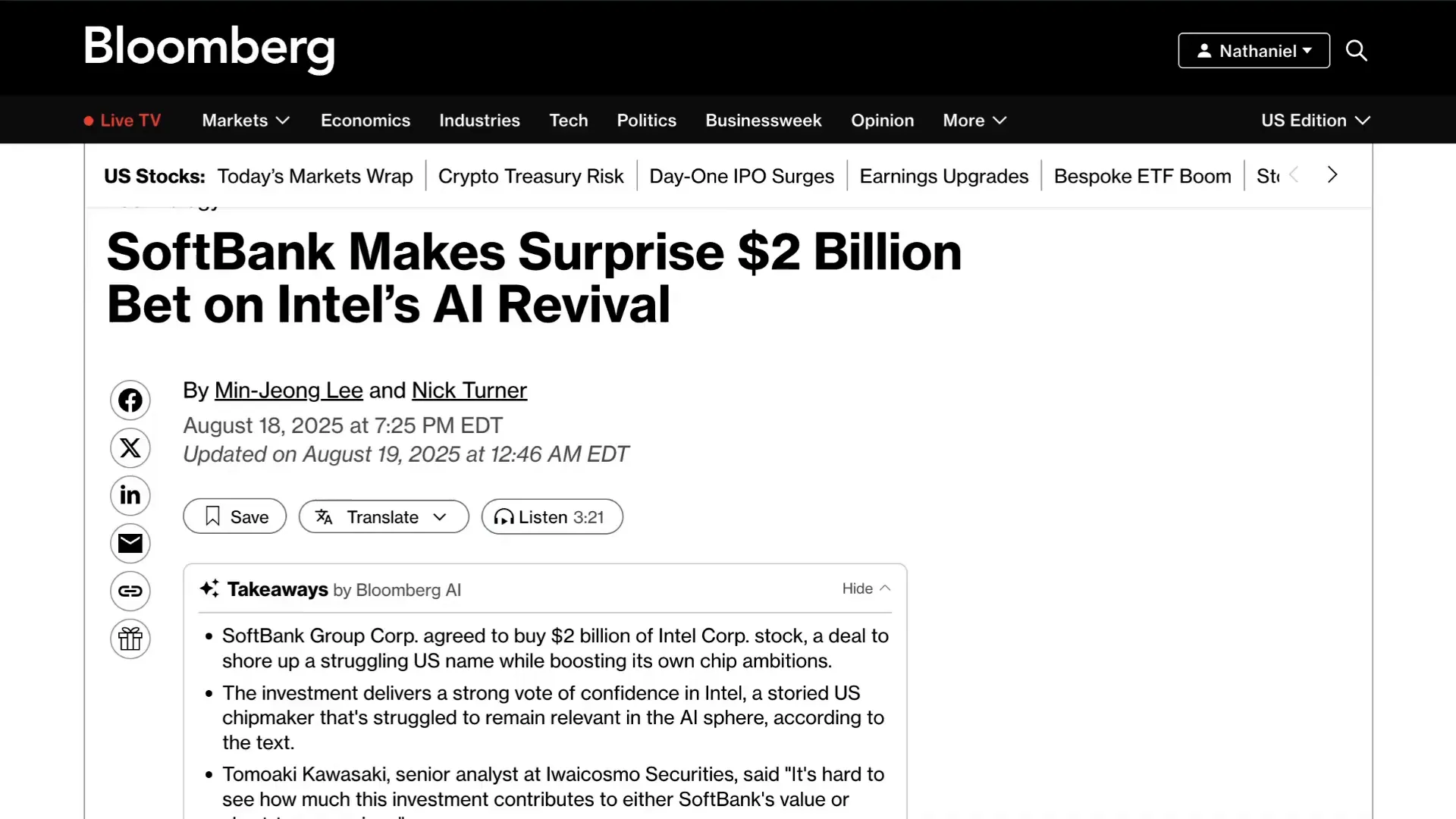 SoftBank announcement about private investment in Intel stock