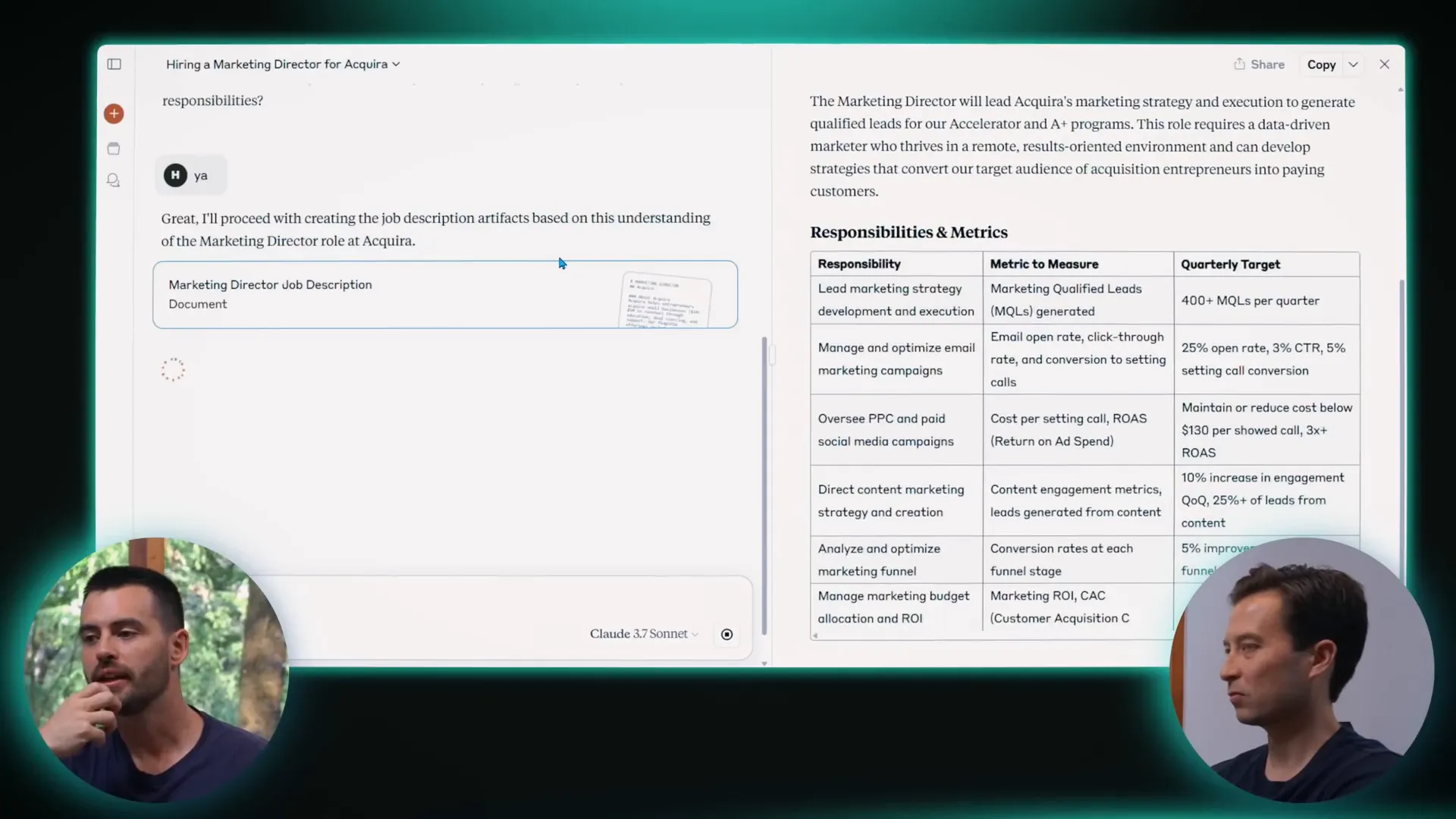 Claude creating recruiting artifacts such as job description parts and KPIs