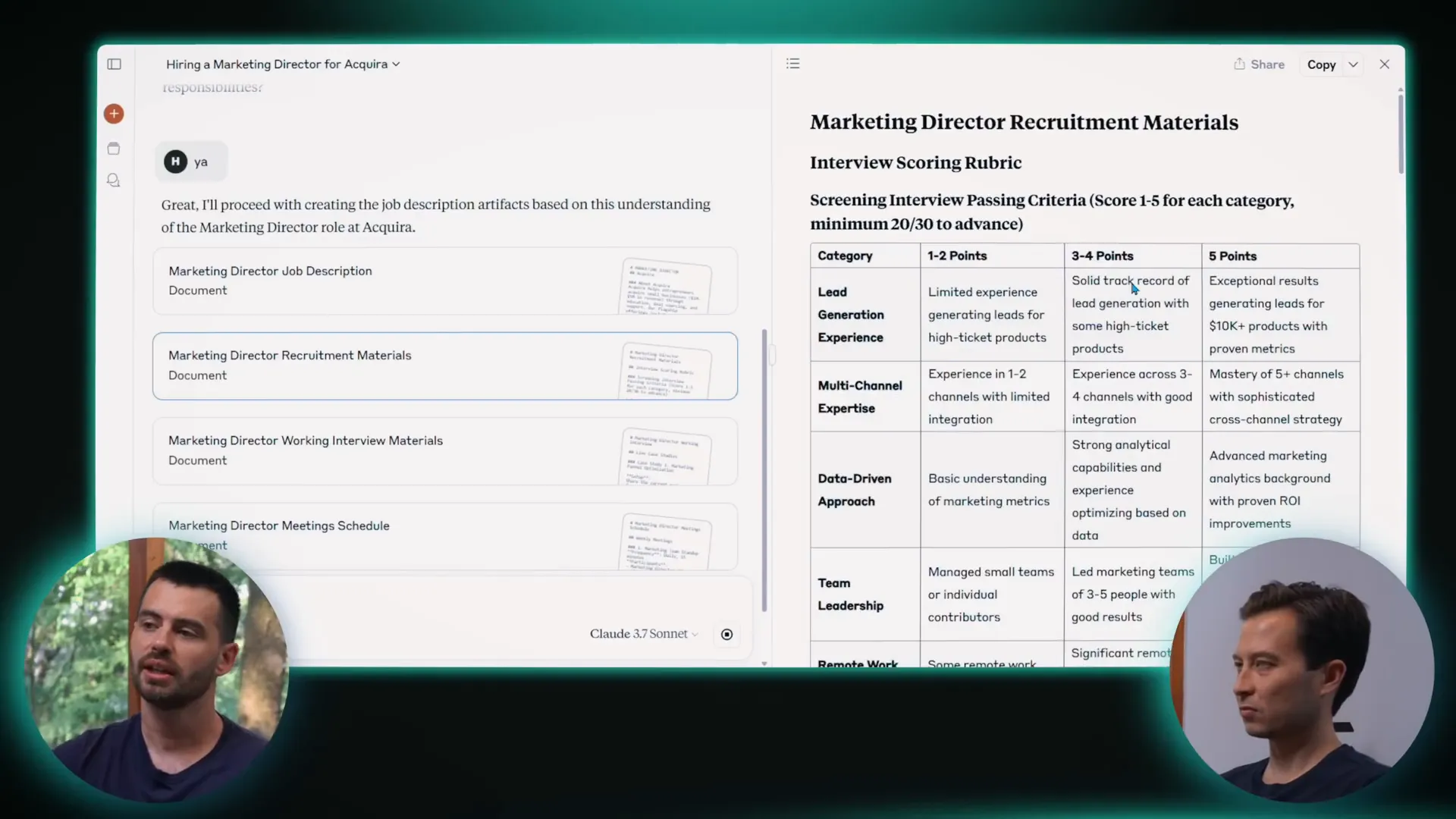 Recruitment materials being generated: screening questions, job ad, and working interview tasks