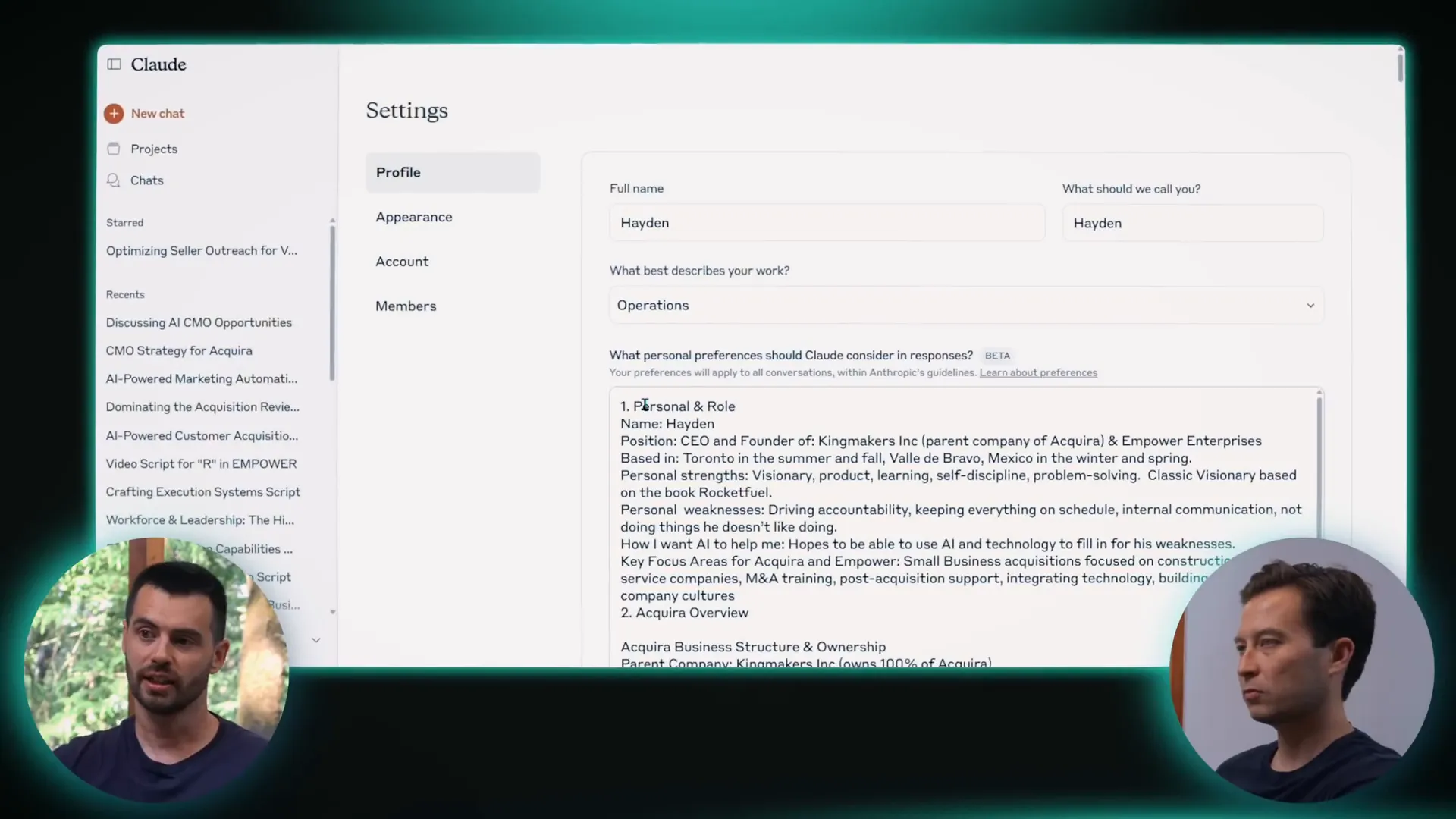 Hayden showing the Claude interface and explaining preferences