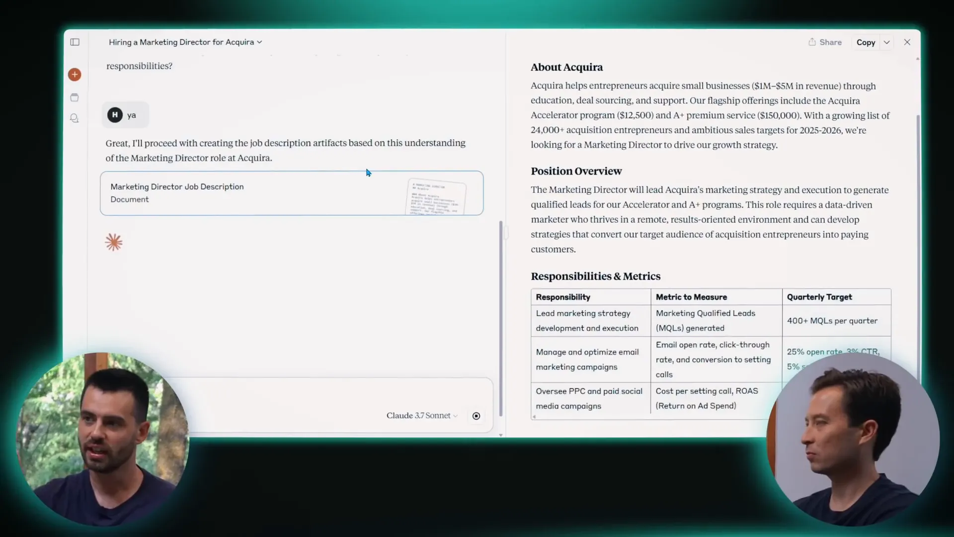 Generated job description with performance metrics and month 1-3 outcomes