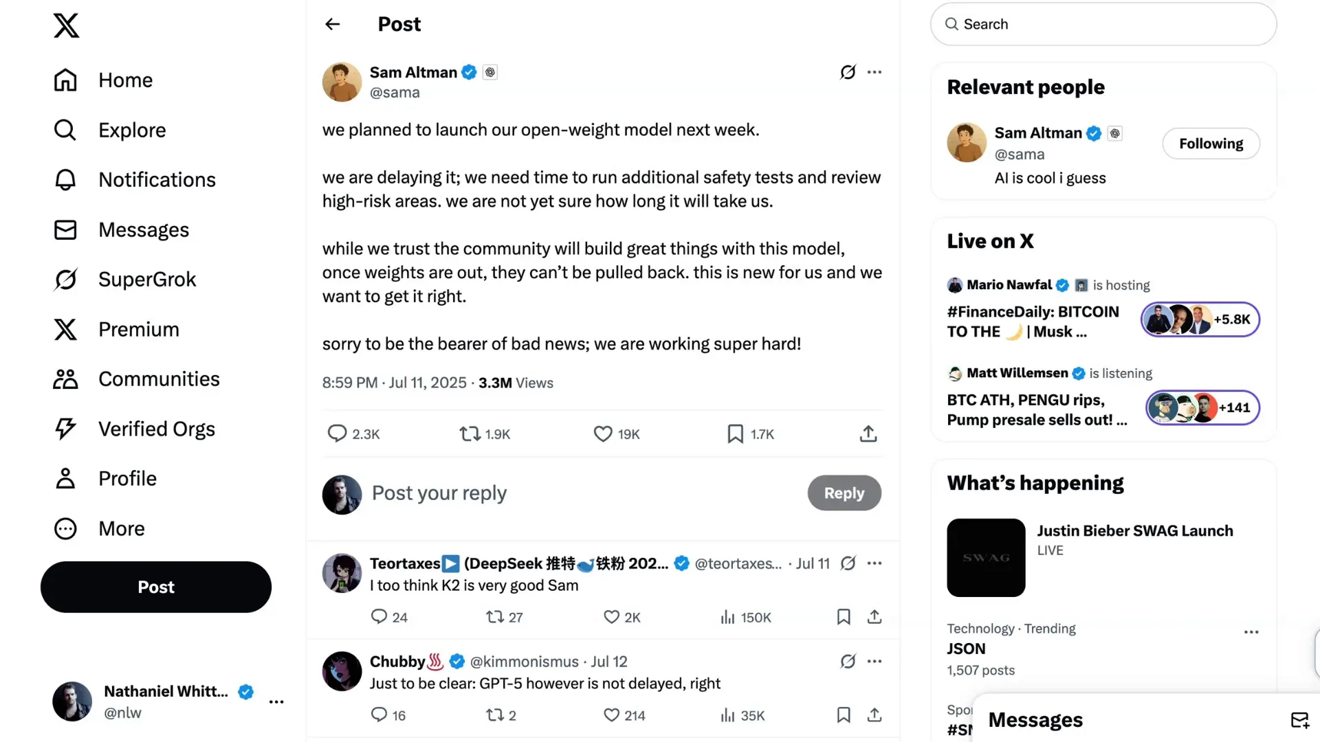 Sam Altman's Twitter announcement on open model delay