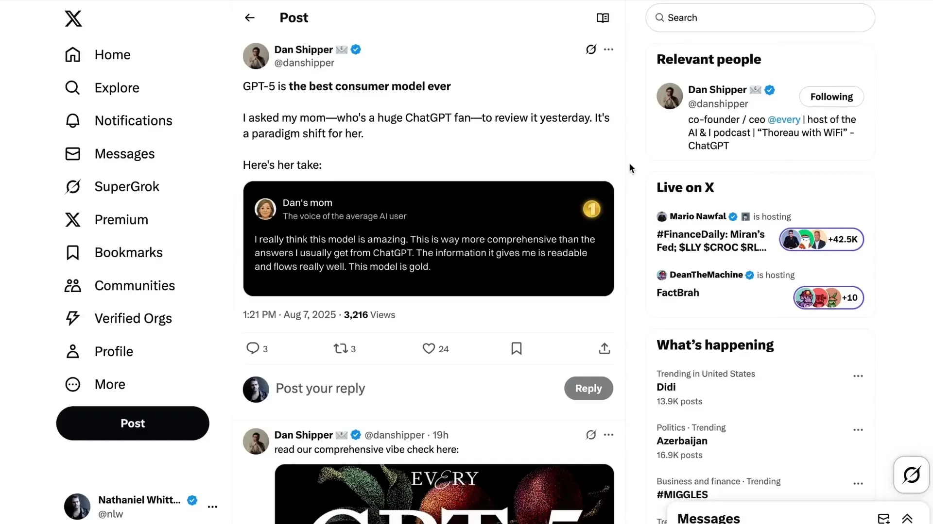 User praising GPT-5 for comprehensive and readable answers